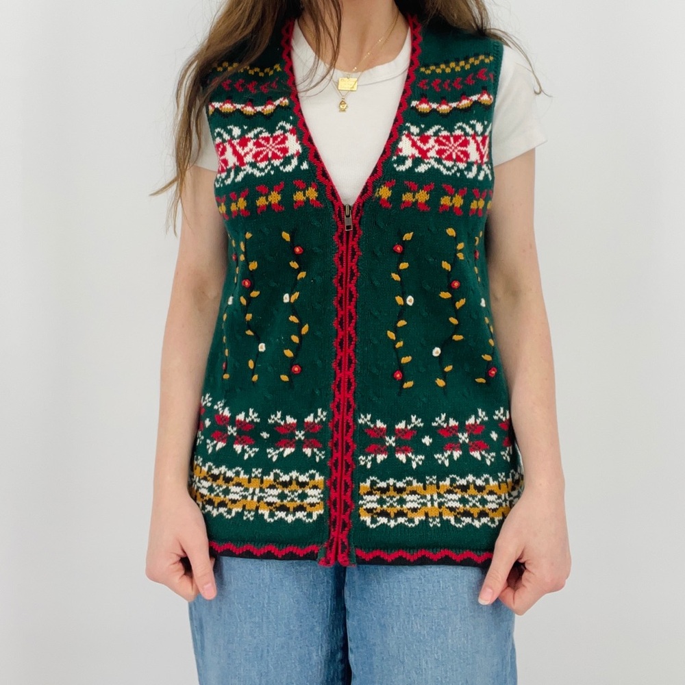 SOLD vintage fair isle cottagecore zip up sweater vest ramie cotton blend M - Picture 2 of 7